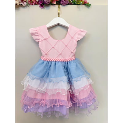 Vestido Bebê Rosa Busto Nervura Saia com Babados Coloridos