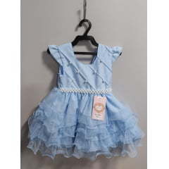 Vestido Infantil Batizado Azul Claro Saia Com Babados Luxo