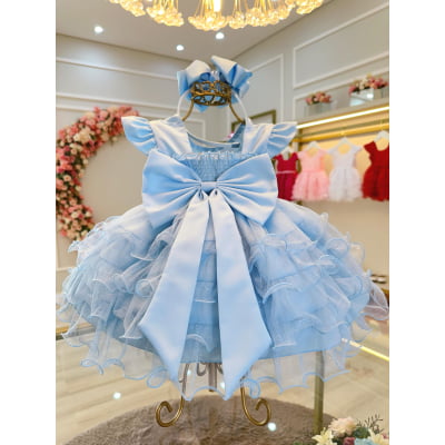 Vestido Infantil Batizado Azul Claro Saia Com Babados Luxo