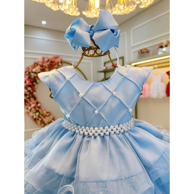 Vestido Infantil Batizado Azul Claro Saia Com Babados Luxo