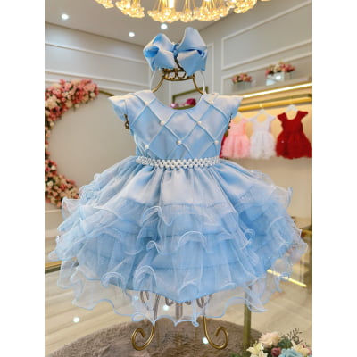 Vestido Infantil Batizado Azul Claro Saia Com Babados Luxo
