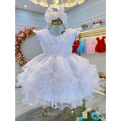 Vestido Infantil Batizado Branco Saia Com Babados Luxo