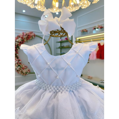 Vestido Infantil Batizado Branco Saia Com Babados Luxo