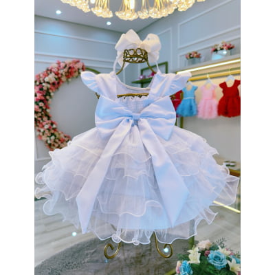 Vestido Infantil Batizado Branco Saia Com Babados Luxo