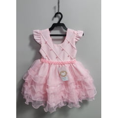 Vestido Infantil Batizado Rosa Claro Saia Com Babados Luxo