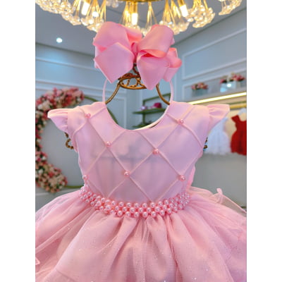 Vestido Infantil Batizado Rosa Claro Saia Com Babados Luxo