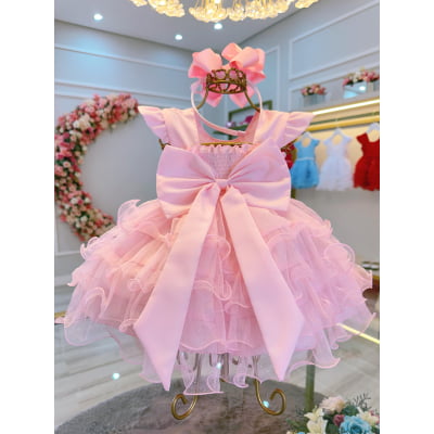 Vestido Infantil Batizado Rosa Claro Saia Com Babados Luxo