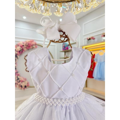 Vestido Infantil Bebê Batizado Branco Saia C/ Babados Luxo