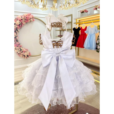 Vestido Infantil Bebê Batizado Branco Saia C/ Babados Luxo
