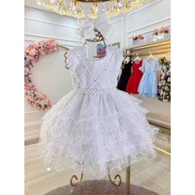 Vestido Infantil Bebê Batizado Branco Saia C/ Babados Luxo
