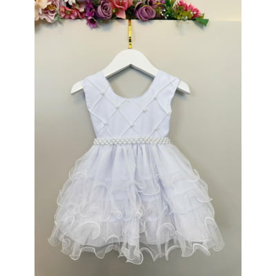 Vestido Infantil Bebê Batizado Branco Saia C/ Babados Luxo