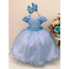 Vestido Infantil Azul Batizado C/ Renda Voal Cinto Pérolas