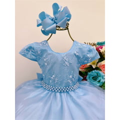 Vestido Infantil Azul Batizado C/ Renda Voal Cinto Pérolas