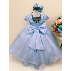 Vestido Infantil Azul Batizado C/ Renda Voal Cinto Pérolas