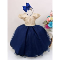 Vestido Infantil Azul Escuro e Marfim Renda Cinto Pérolas