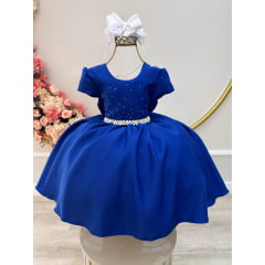 Vestido Infantil Azul Royal Busto Com Strass Luxo Daminhas
