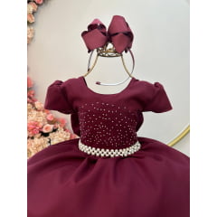 Vestido Infantil Marsala Busto Com Strass Daminhas Luxo