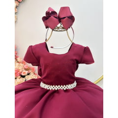 Vestido Infantil Marsala Busto Com Strass Luxo Daminhas