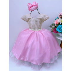 Vestido Infantil Rosa e Bege C/ Renda Cinto Pérolas