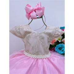 Vestido Infantil Rosa e Bege C/ Renda Cinto Pérolas