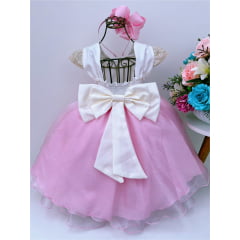 Vestido Infantil Rosa e Bege C/ Renda Cinto Pérolas