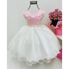 Vestido Infantil Rosa e Branco Renda Luxo Festas Casamentos