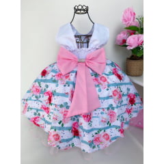 Vestido Infantil Rosa Listras Verdes e Brancas Flores Luxo