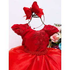 Vestido Infantil Vermelho Renda e Voal Luxo Cinto de Pérolas