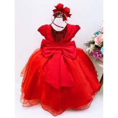 Vestido Infantil Vermelho Renda e Voal Luxo Cinto de Pérolas