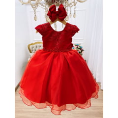 Vestido Infantil Vermelho Renda e Voal Luxo Cinto de Pérolas