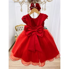 Vestido Infantil Vermelho Renda e Voal Luxo Cinto de Pérolas