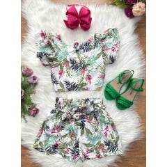 Conjunto Meninas Casual Cropped C/ Saia Florida Colorida