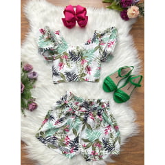 Conjunto Meninas Casual Cropped C/ Saia Florida Colorida