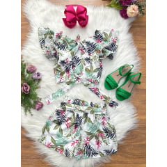 Conjunto Meninas Casual Cropped C/ Saia Florida Colorida
