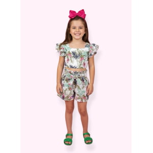 Conjunto Meninas Casual Cropped C/ Saia Florida Colorida