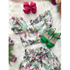 Conjunto Meninas Casual Cropped C/ Saia Florida Colorida