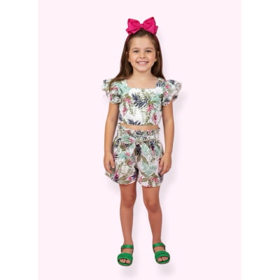 Conjunto Meninas Casual Cropped C/ Saia Florida Colorida