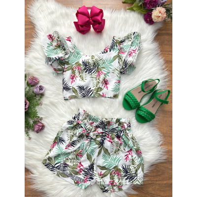 Conjunto Meninas Casual Cropped C/ Saia Florida Colorida