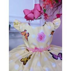 Vestido Infantil Amarelo Jardim das Borboletas Cinto Pérolas