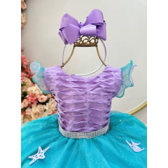 Vestido Infantil Ariel Busto Plissado Apliques Fundo do Mar