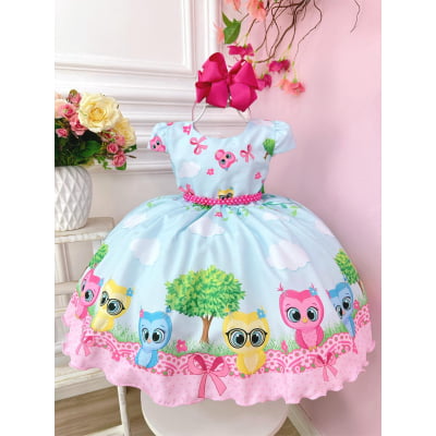 Vestido Infantil Azul Bebê Bubu e as Corujinhas Festas Luxo