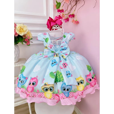 Vestido Infantil Azul Bebê Bubu e as Corujinhas Festas Luxo