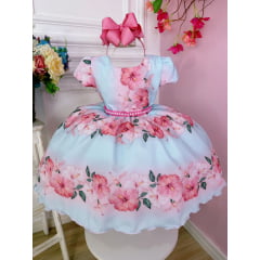 Vestido Infantil Azul Bebê Florido Primavera Cinto Pérolas