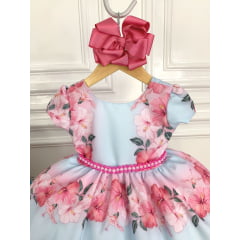 Vestido Infantil Azul Bebê Florido Primavera Cinto Pérolas