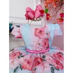 Vestido Infantil Azul Bebê Florido Primavera Cinto Pérolas