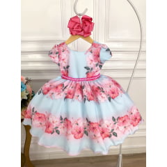 Vestido Infantil Azul Bebê Florido Primavera Cinto Pérolas