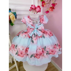 Vestido Infantil Azul Bebê Florido Primavera Cinto Pérolas