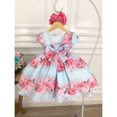 Vestido Infantil Azul Bebê Florido Primavera Cinto Pérolas