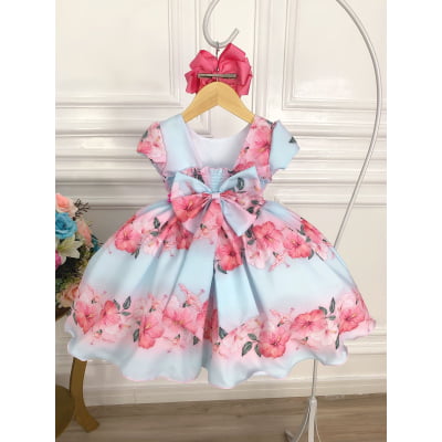 Vestido Infantil Azul Bebê Florido Primavera Cinto Pérolas