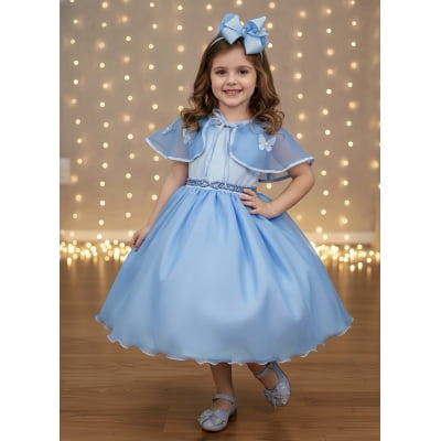 Vestido Infantil Azul Bebê Frozen Tule Com Echarpe Festa